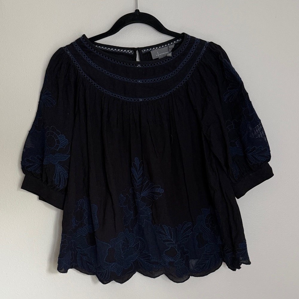Anthropologie Black Blouse with Navy Floral Embroidery